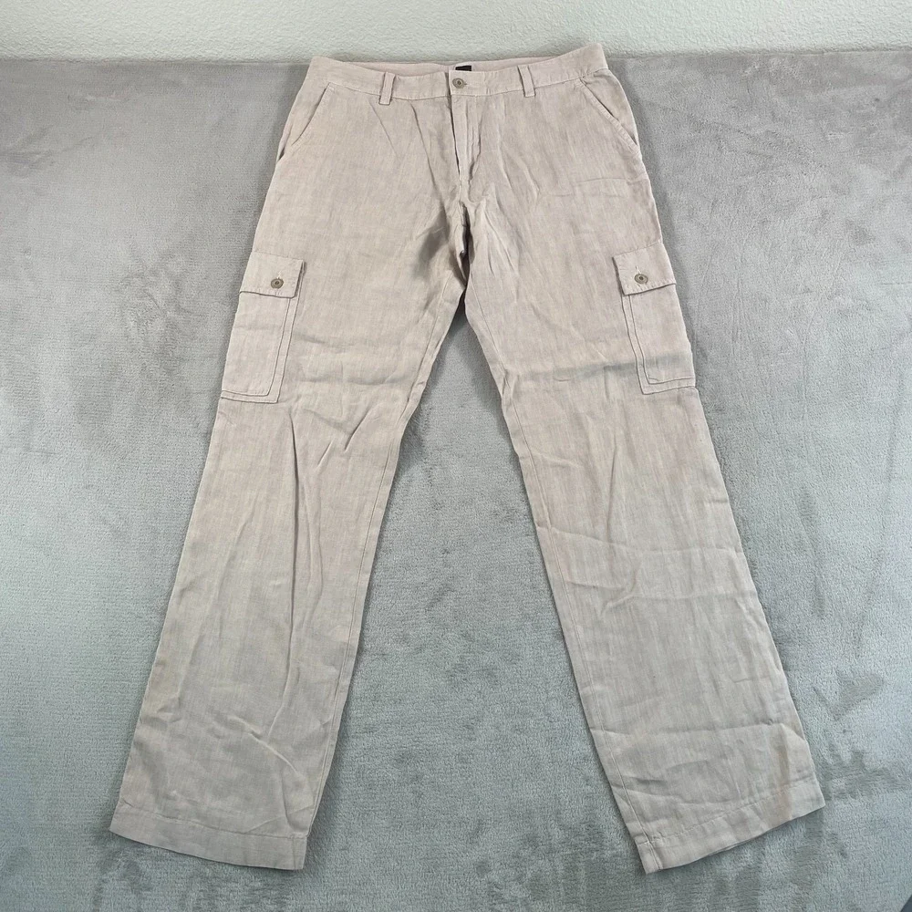 HUGO BOSS Bendo D Cargo Pants Men 34x35 (Tag 32) Beige 100% Linen Designer NWOT
